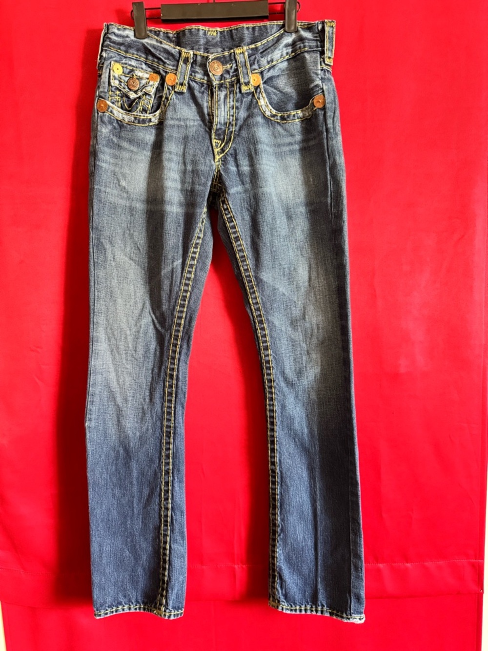 #403-TRUE RELIGION Classic Mid Wash Straight Leg Denim Jeans Size 31